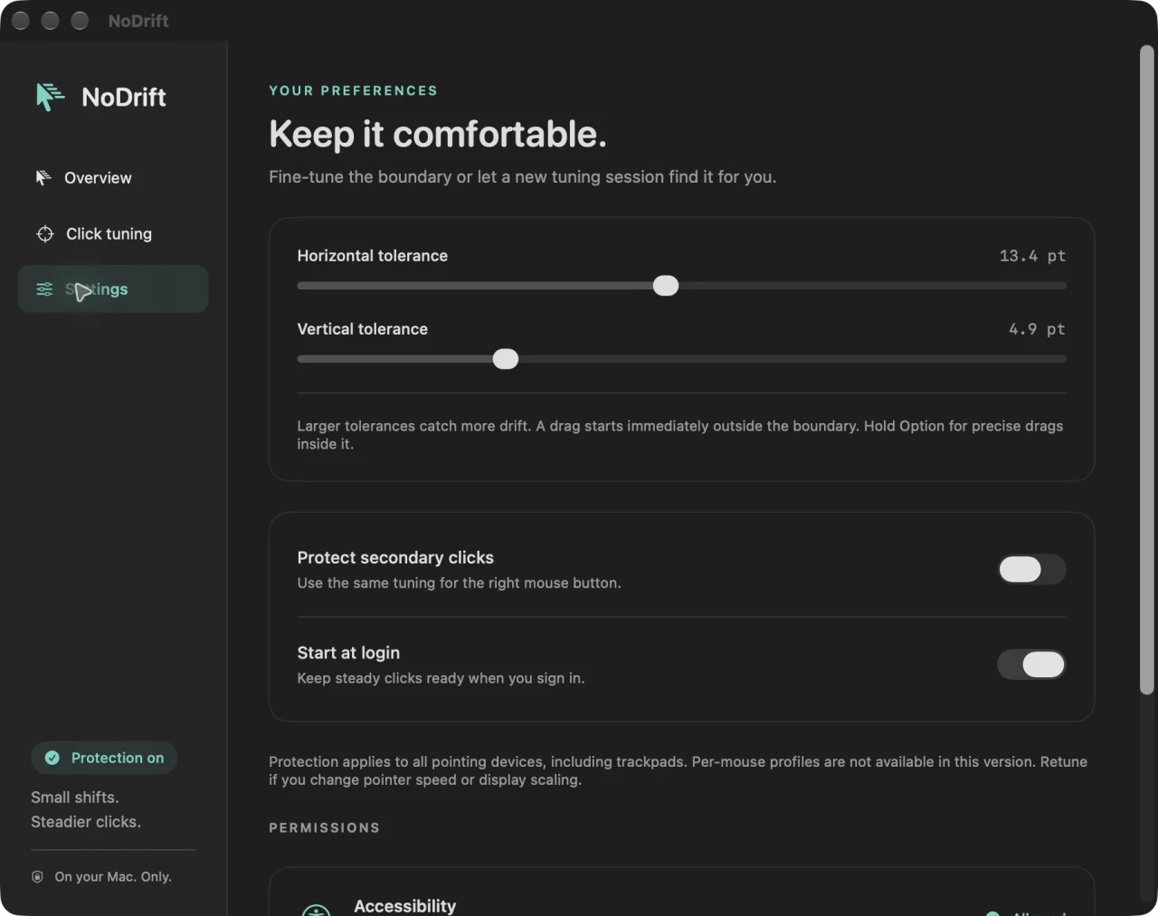 NoDrift settings showing horizontal and vertical click tolerances and optional secondary-click protection