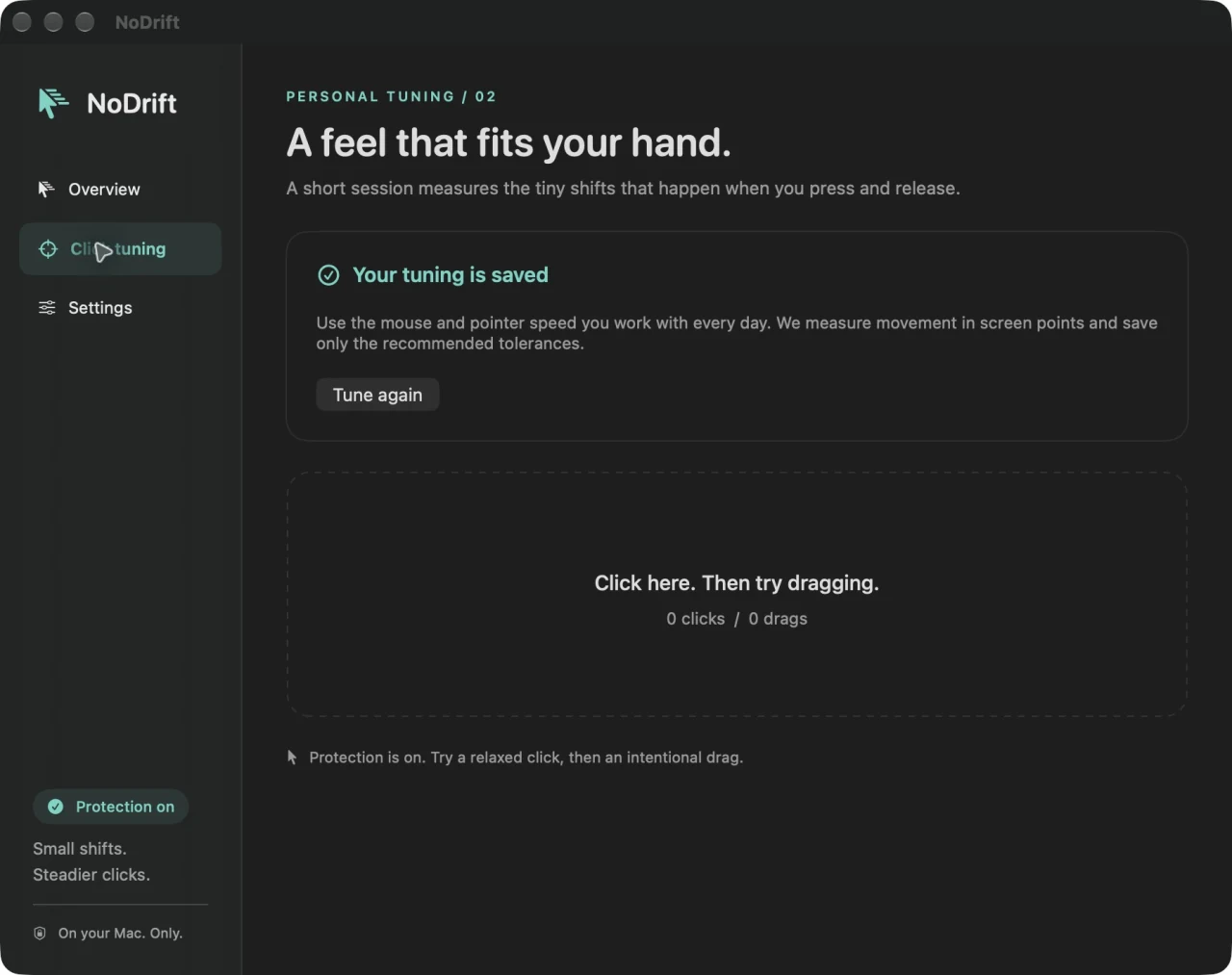 NoDrift click tuning screen with saved personal tuning and a click-and-drag test area